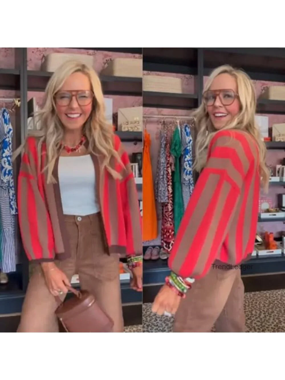 Women's Striped Cardigan Long Balloon Sleeves Loose Fit Open Front Knit Sweater
